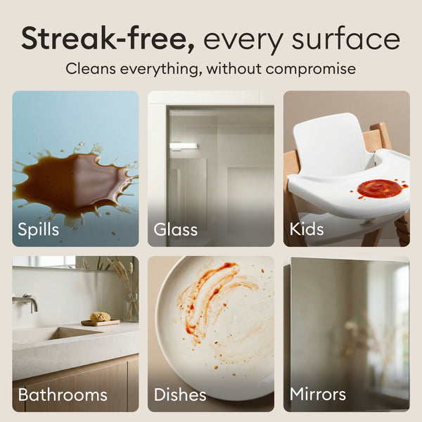 Sponge Cloths: grid showing streak-free cleaning on spills, glass, bathrooms, dishes and mirrors