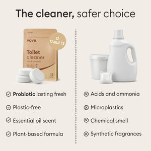 Probiotic Toilet Bowl Cleaner Tablets: 12 tablets pouch compared against liquid cleaners with acids, ammonia and synthetic fragrances