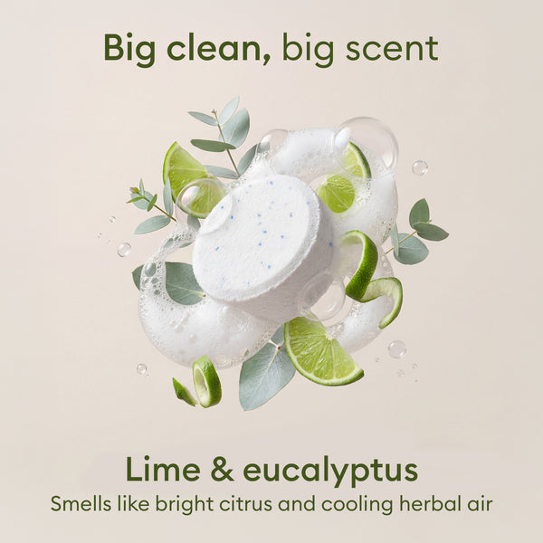 Probiotic Toilet Bowl Cleaner Tablets: tablet with lime and eucalyptus leaves, scented with essential oils