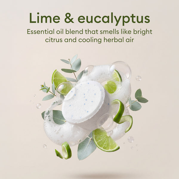 Probiotic Toilet Bowl Cleaner Tablets: lime and eucalyptus scent shown with tablets and botanicals