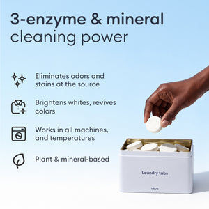 The Tablet Detox: hand dropping a tablet into the storage tin, removes odours and stains, brightens whites, works at all temperatures