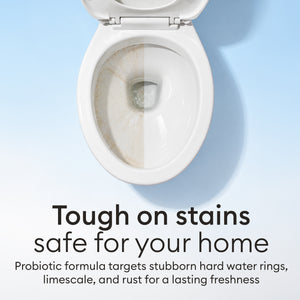 The Tablet Detox: toilet bowl half stained and half clean, probiotic formula for hard water rings, limescale and rust