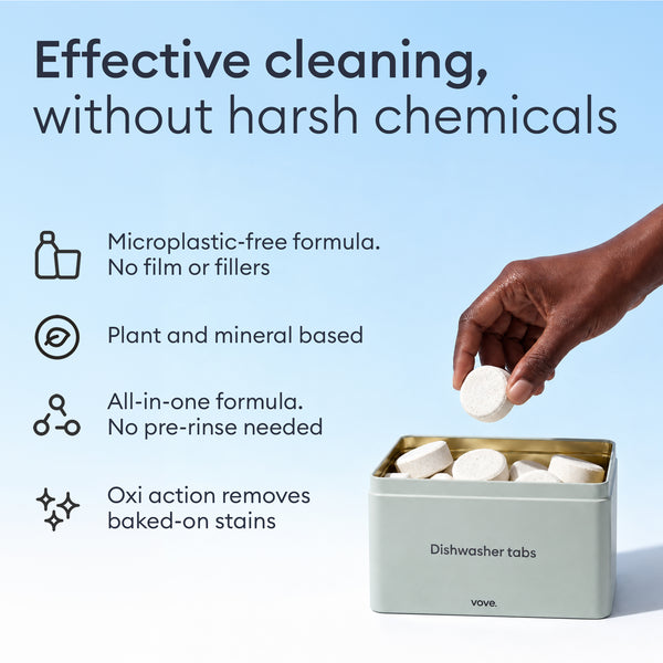 The Tablet Detox: hand dropping a tablet into the storage tin, microplastic-free, plant and mineral based, all-in-one formula