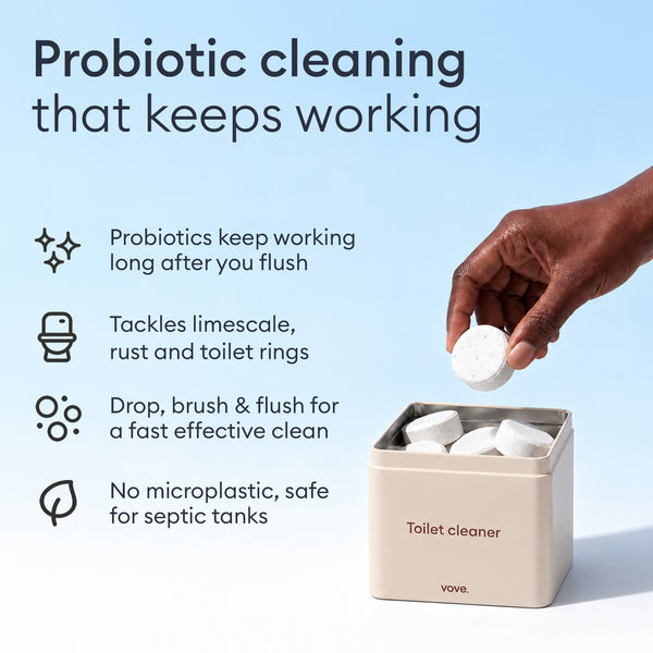 The Tablet Detox: hand dropping a tablet into the storage tin, probiotics keep working after you flush, safe for septic tanks