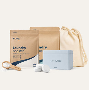 Laundry Essentials: laundry booster pouch with its wooden scoop, laundry tablets pouch, storage tin and dryer balls in their storage bag