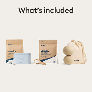 Laundry Essentials: what's included, laundry tablets with the storage tin, laundry booster with its wooden scoop and hemp dryer balls