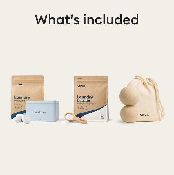 Laundry Essentials: what's included, laundry tablets with the storage tin, laundry booster with its wooden scoop and hemp dryer balls