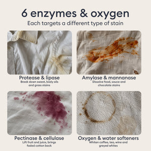Laundry Essentials: four stained fabrics, six enzymes and oxygen that each target a different type of stain