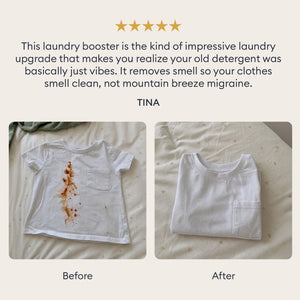 Laundry Essentials: customer review with before and after photos of a stained child's T-shirt