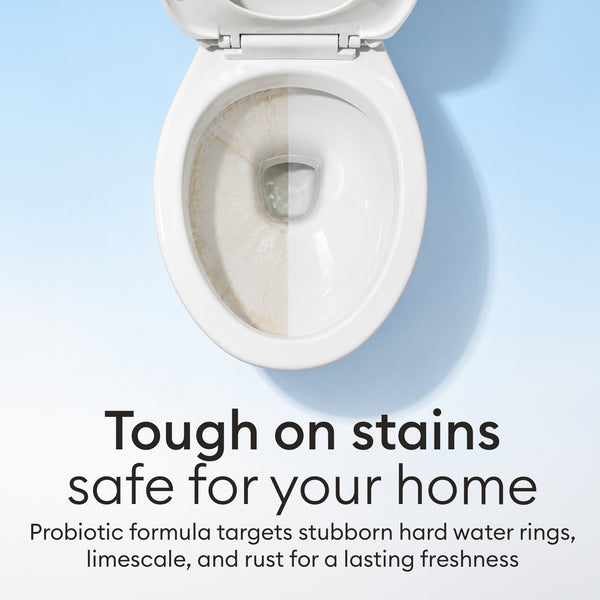 The Home Detox: toilet bowl half stained and half clean, probiotic formula for hard water rings, limescale and rust