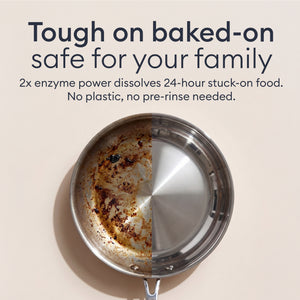 The Whole-Home Detox: frying pan half burnt and half clean, enzymes dissolve stuck-on food with no pre-rinse