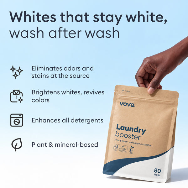 The Whole-Home Detox: hand holding the pouch, removes odours and stains at the source and brightens whites