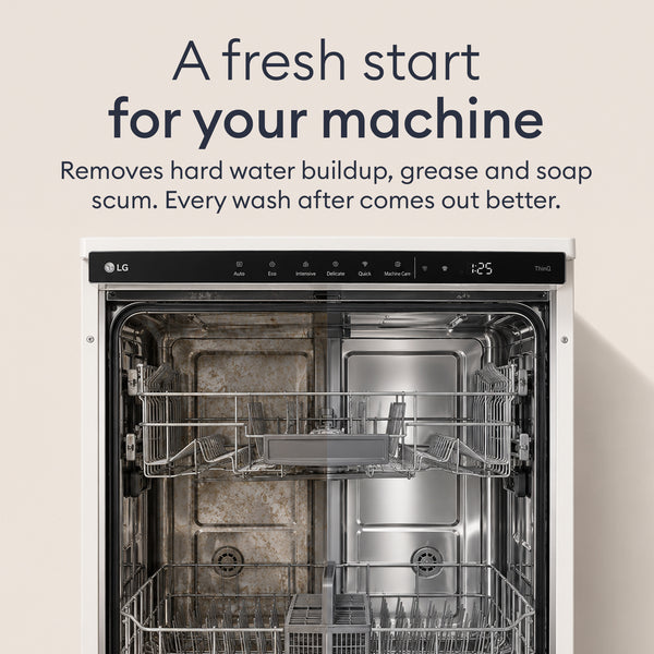 Machine Cleaner Set: open dishwasher, removes hard water buildup, grease and soap scum