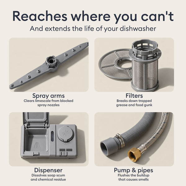 Machine Cleaner Set: spray arms, filter, dispenser and pump, the hard to reach parts the tablet cleans