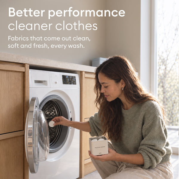 Machine Cleaner Set: woman placing a tablet in the empty drum, for clothes that come out clean and fresh