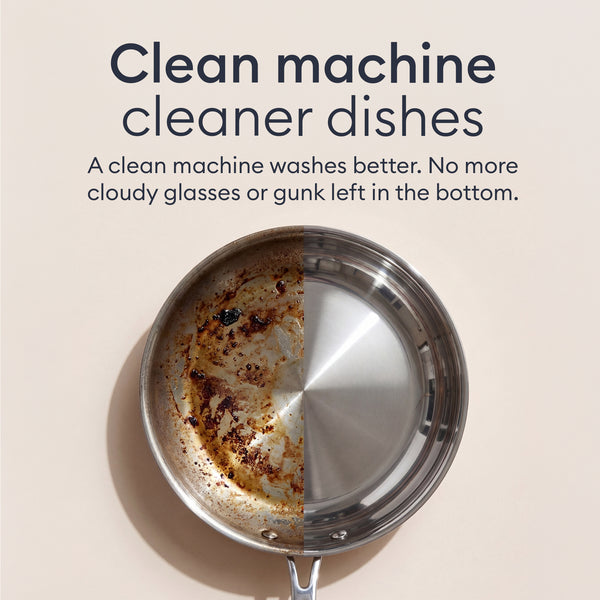 Machine Cleaner Set: frying pan half burnt and half clean, a clean machine washes dishes better
