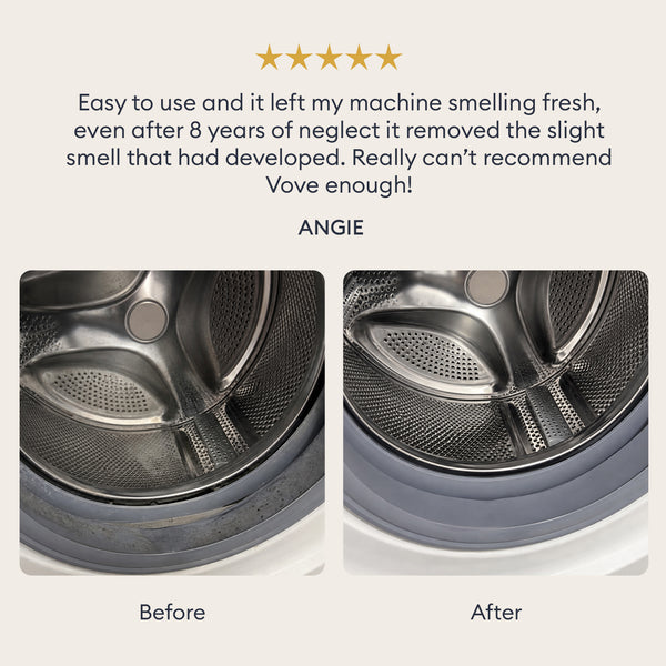 Machine Cleaner Set: customer review with before and after photos of a washing machine drum