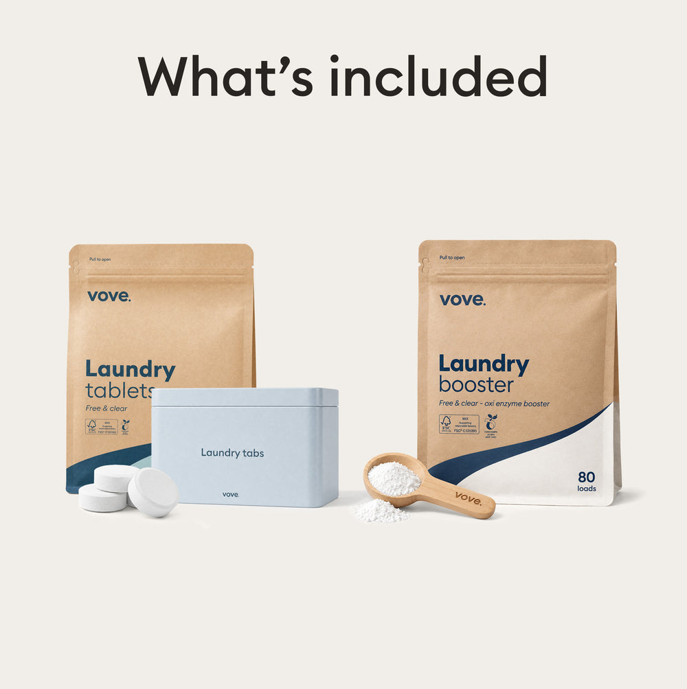 Laundry Duo: laundry booster pouch with its wooden scoop, laundry tablets pouch and the storage tin