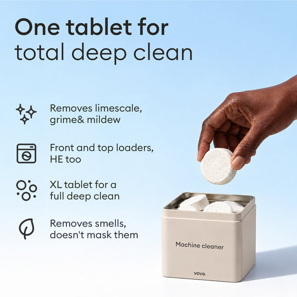 Washing Machine Cleaner Tablets: hand dropping a tablet into the storage tin, removes limescale, grime and mildew in front and top loaders