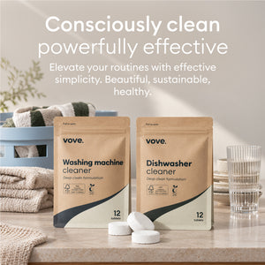 Washing Machine Cleaner Tablets: washing machine cleaner and dishwasher cleaner pouches with tablets on a counter