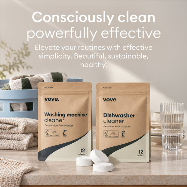 Washing Machine Cleaner Tablets: washing machine cleaner and dishwasher cleaner pouches with tablets on a counter