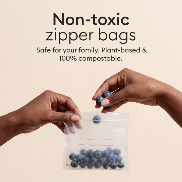 Compostable Zip Bag Set: hand pouring blueberries into a bag, non-toxic and fully compostable