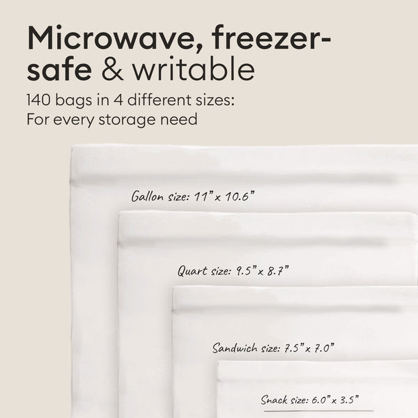 Compostable Zip Bag Set: 160 bags across four sizes shown with dimensions, microwave and freezer safe