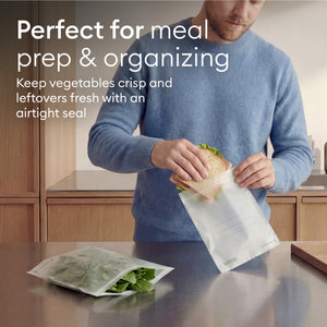 Compostable Zip Bag Set: sealing vegetables into a bag for meal prep and fridge organising