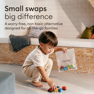 Compostable Zip Bag Set: child playing beside the pack, small swaps make a big difference